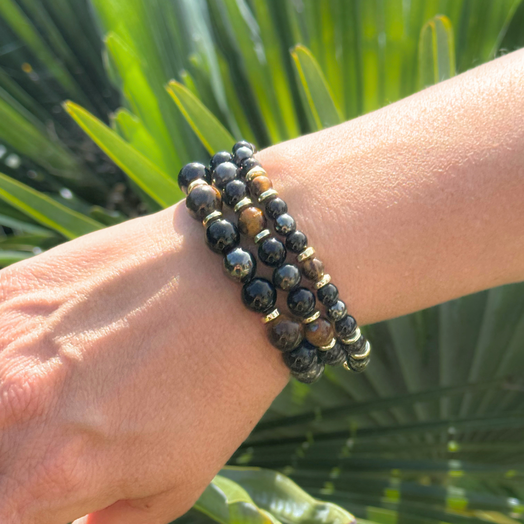 Bracelet Confiance & Protection en Oeil de Tigre, Hématite & Onyx