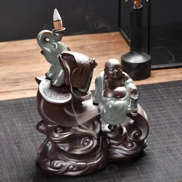 Porte-Encens Cascade Bouddha Rieur & Éléphant