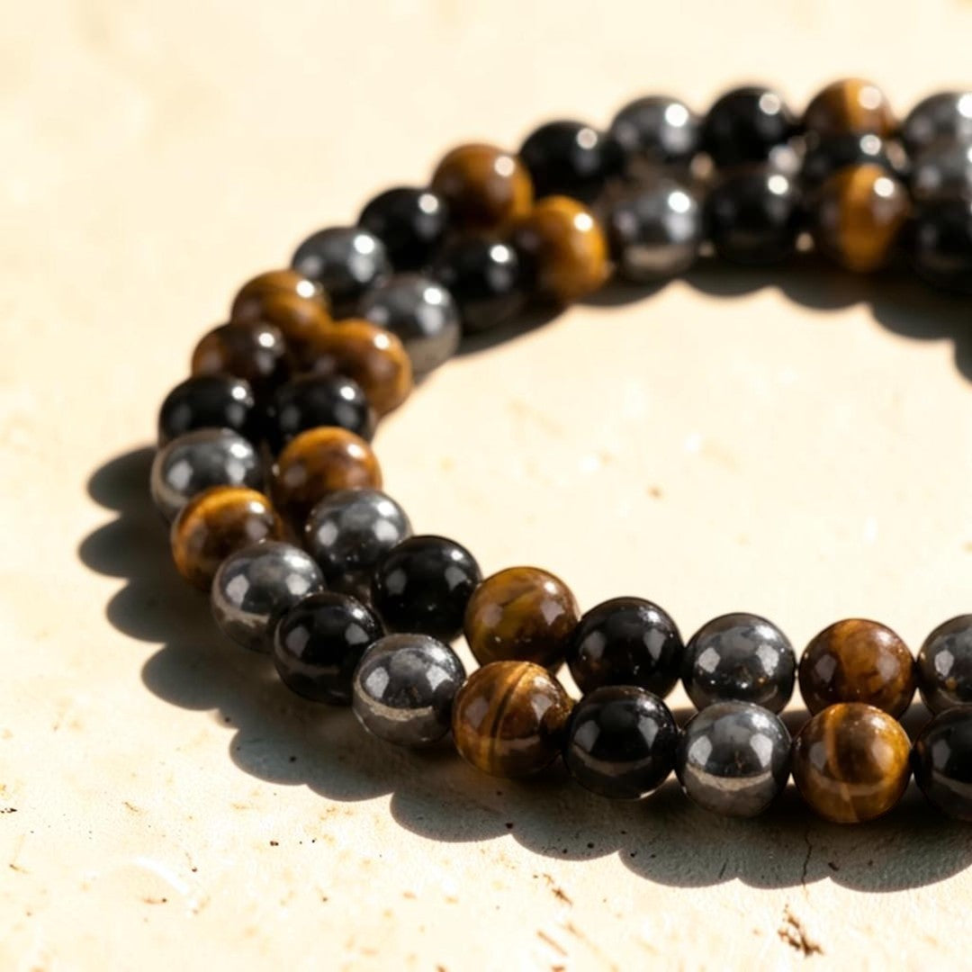 Collier 3 Protections en Hématite, Obsidienne & Oeil de Tigre