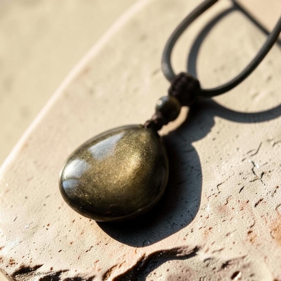 Pendentif Goutte “Force Intérieure” en Obsidienne Dorée