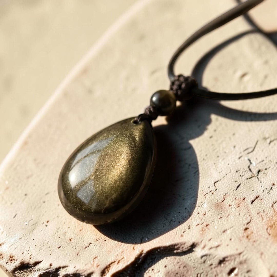 Pendentif Goutte “Force Intérieure” en Obsidienne Dorée