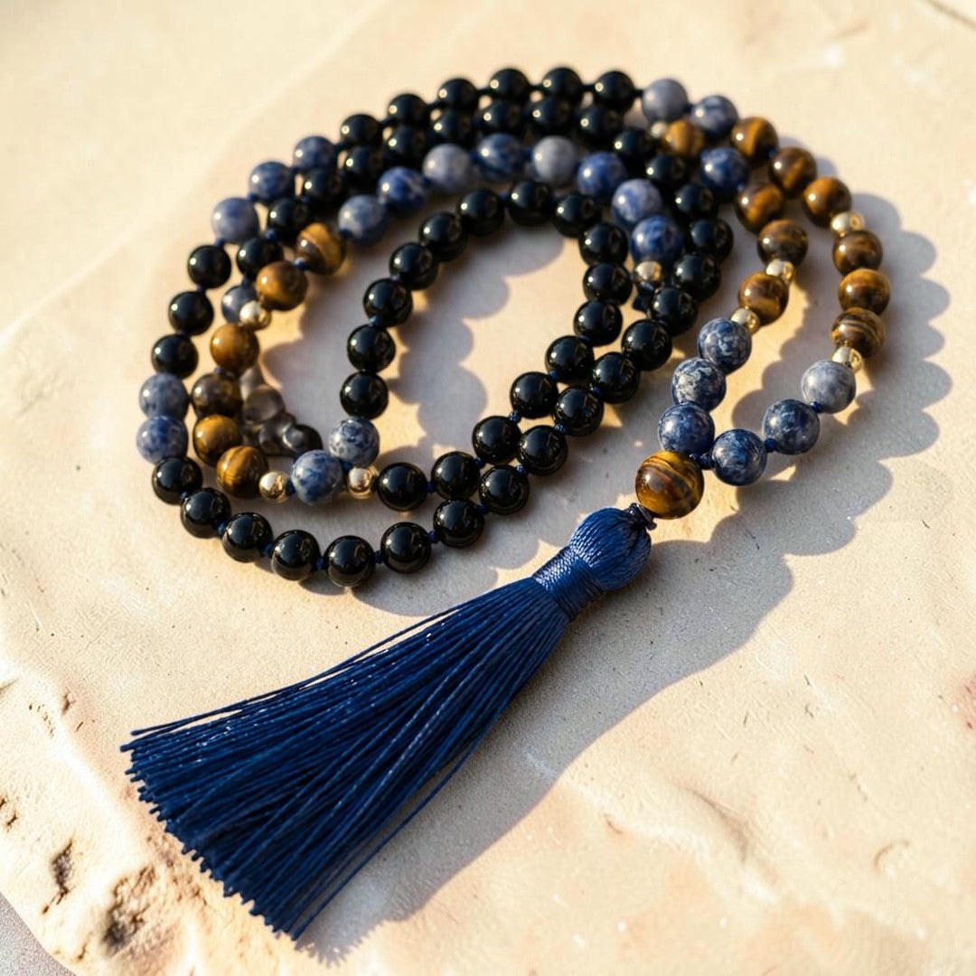 Collier Mala Bouclier Intérieur en Sodalite, Œil de Tigre & Onyx Noir