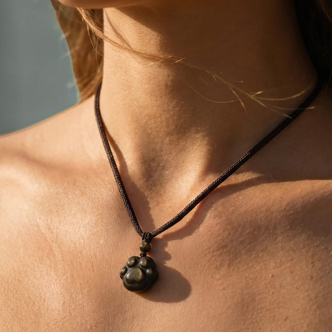 Pendentif Patte Lien Éternel en Obsidienne Dorée