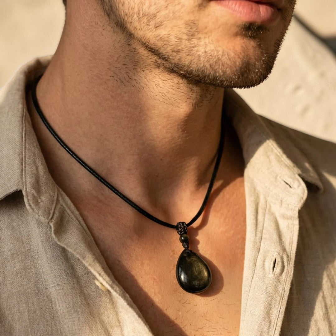 Pendentif Goutte “Force Intérieure” en Obsidienne Dorée