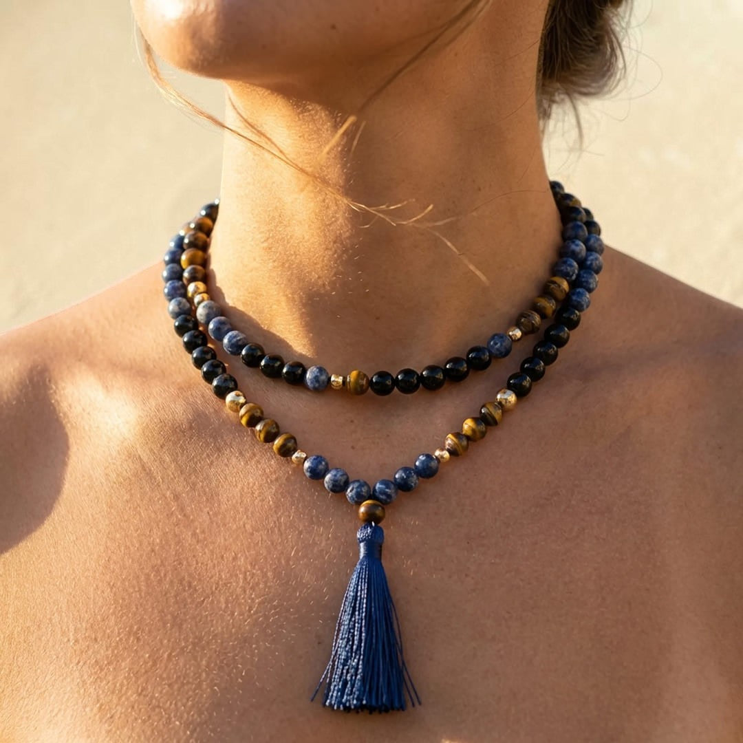 Collier Mala Bouclier Intérieur en Sodalite, Œil de Tigre & Onyx Noir