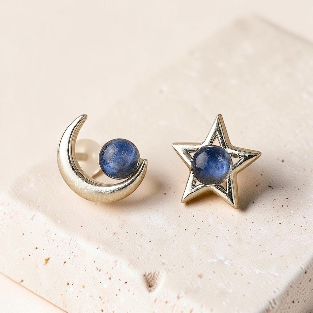 Boucles d'Oreilles Lune Étoile en Labradorite & Argent