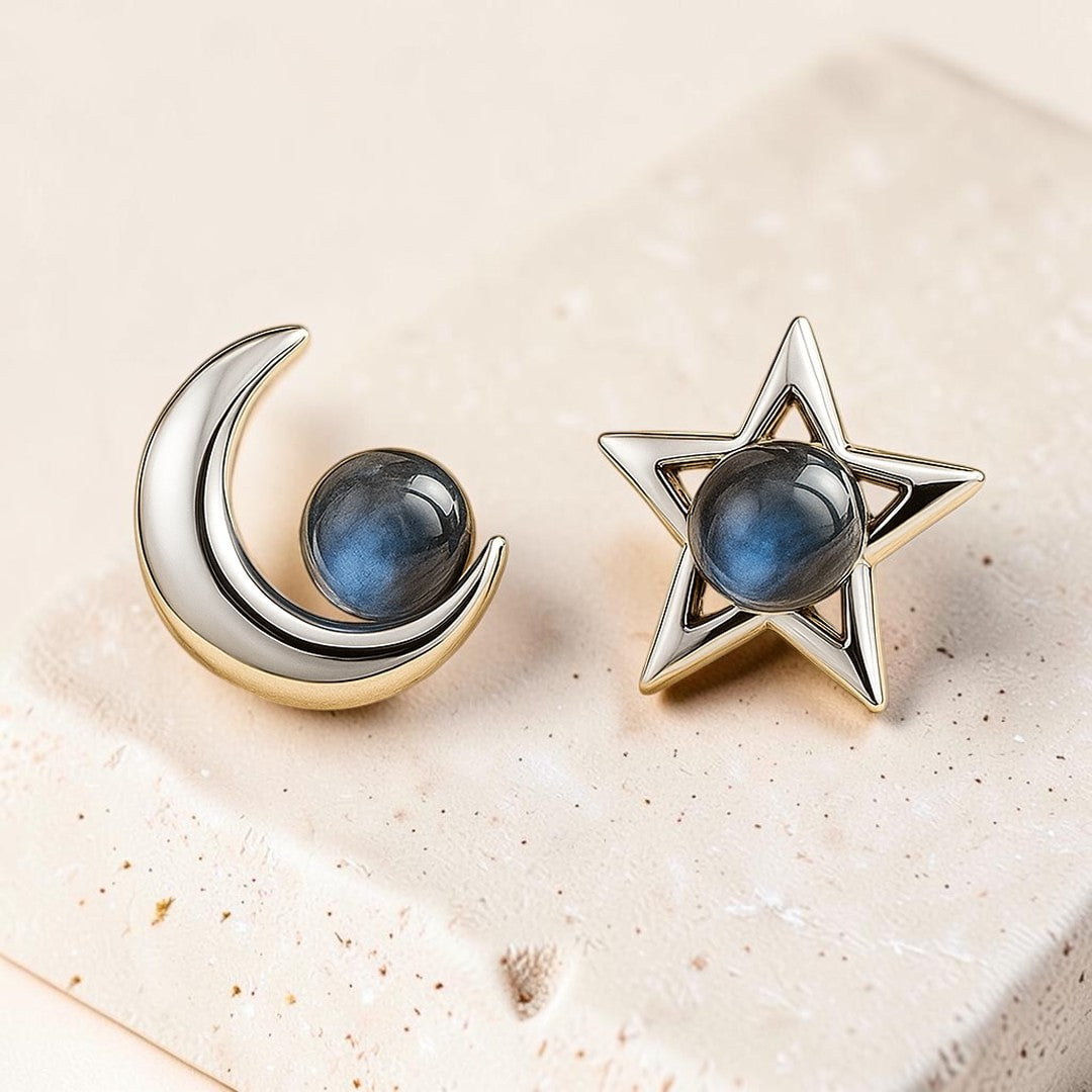 Boucles d'Oreilles Lune Étoile en Labradorite & Argent