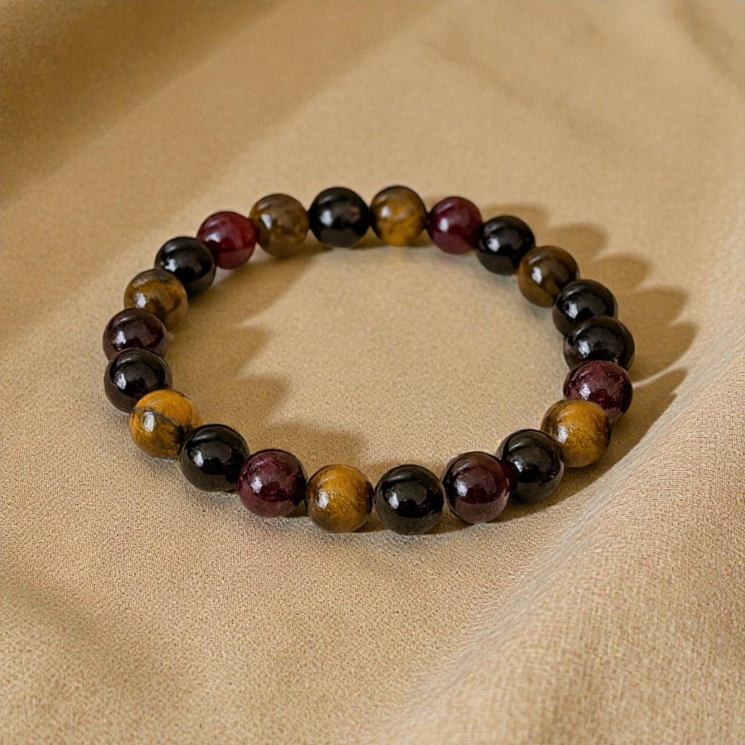 Bracelet Réussite & Protection en Oeil de Tigre, Grenat, Tourmaline & Quartz Fumé