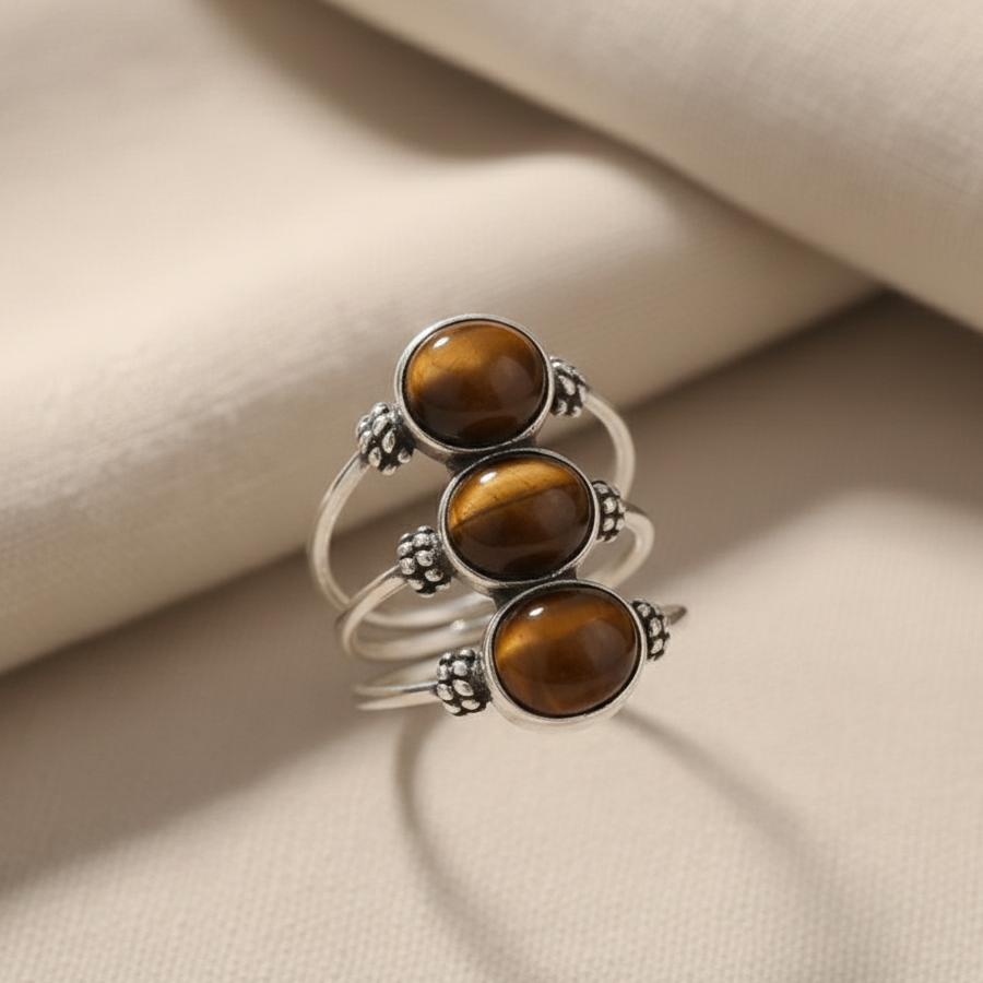 Bague Confiance en Œil de Tigre Naturel & Métal Finition Argent
