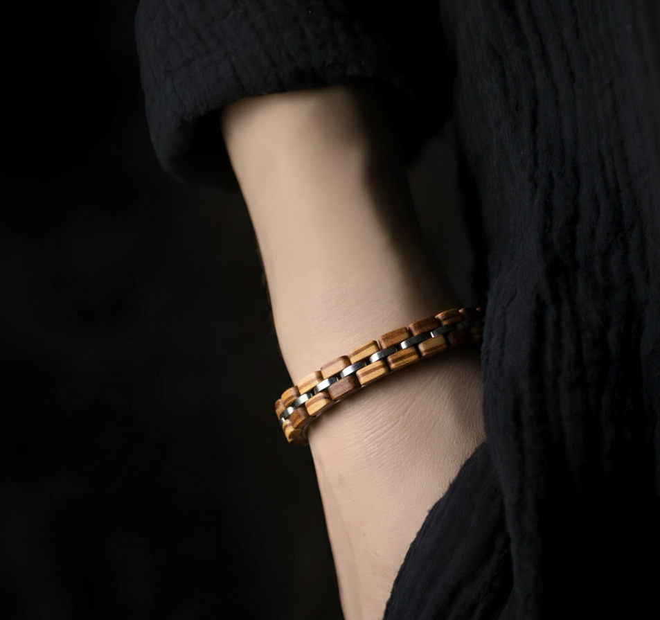 Bracelet Cuivre & Bois Noir Sculpté – Accessoire Unisexe Élégant