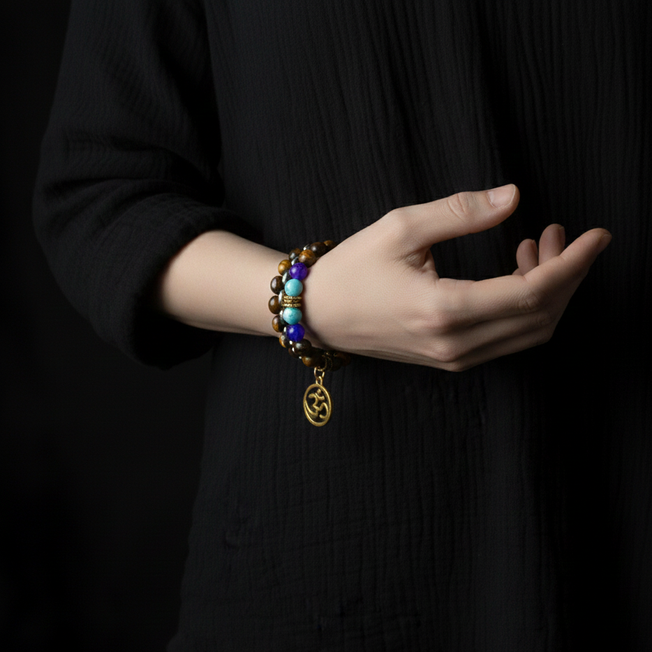 Bracelet Chakra Homme Œil de Tigre avec Symbole Bouddhiste Aum Doré