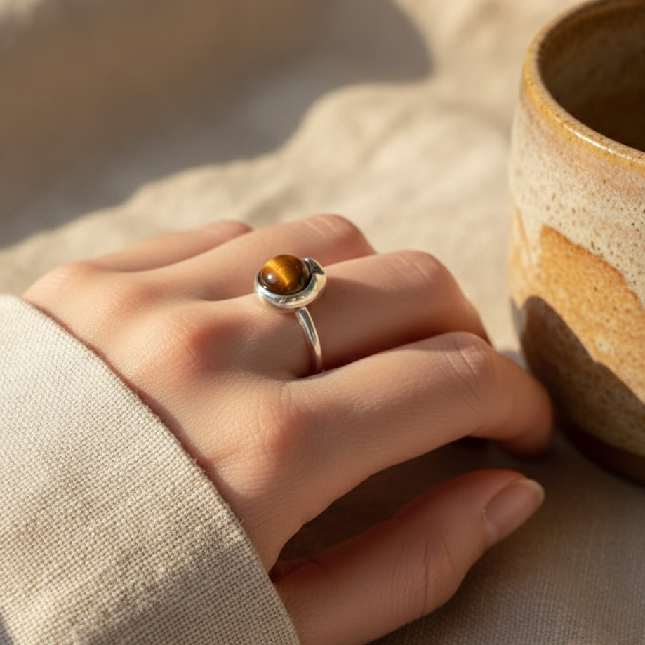 Bague “Shakti” en Œil de Tigre – Force Symbolique & Élégance Intemporelle