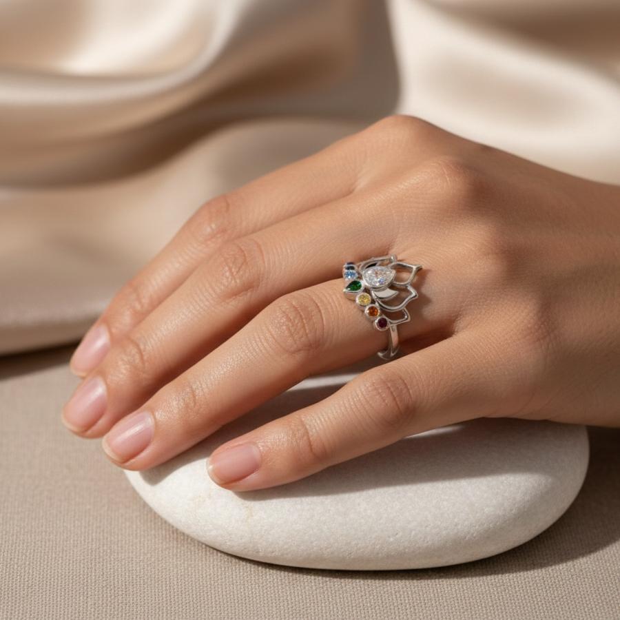 Bague Lotus Cristallin Ajustable – Finition Argent