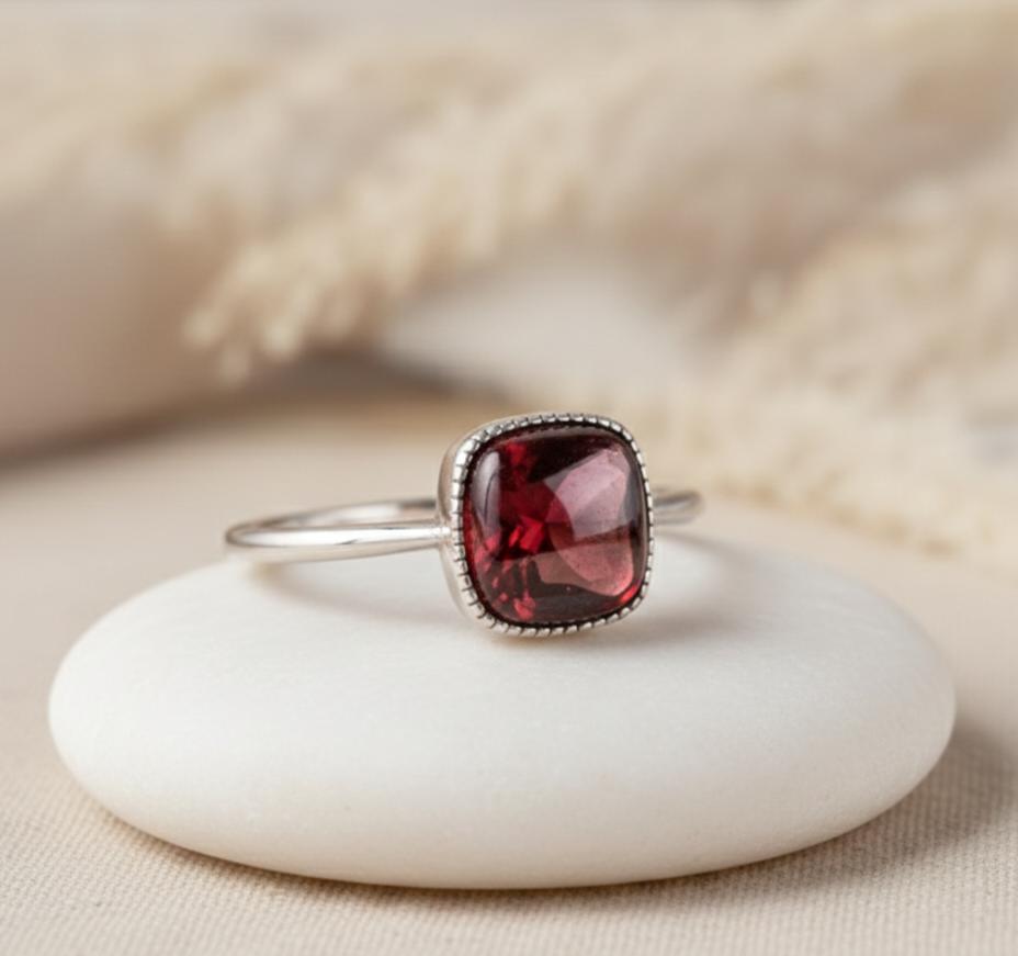 Bague Carré Passion en Grenat Naturel & Argent Sterling 925 Ajustable