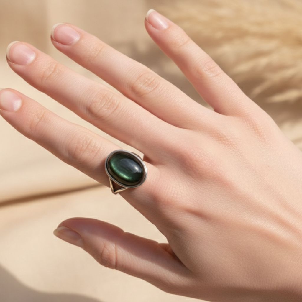 Bague Obsidienne Œil Céleste “Guide Intérieur” – Argent – Bague ajustable