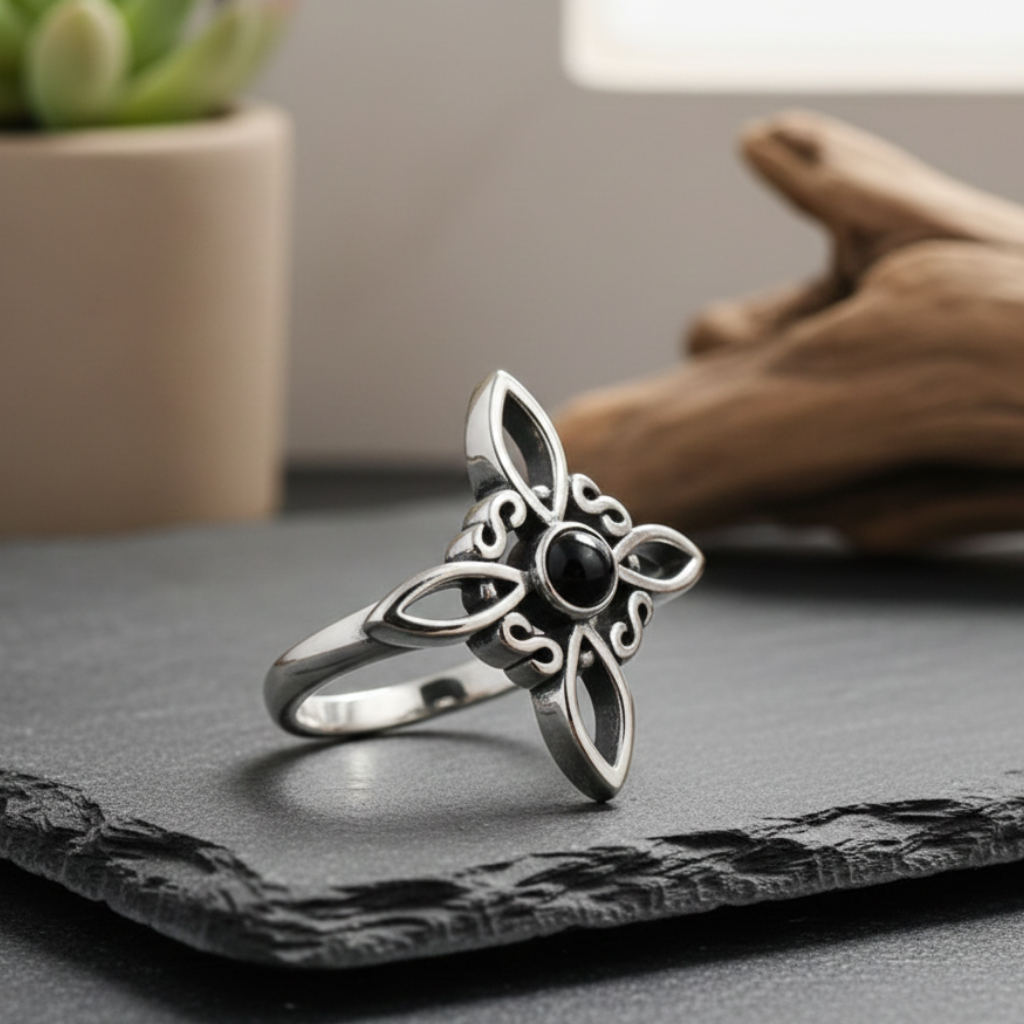 Bague “Énergie Mystique” en Obsidienne Noire & Nœud de Sorcière – Protection Symbolique & Élégance Envoûtante
