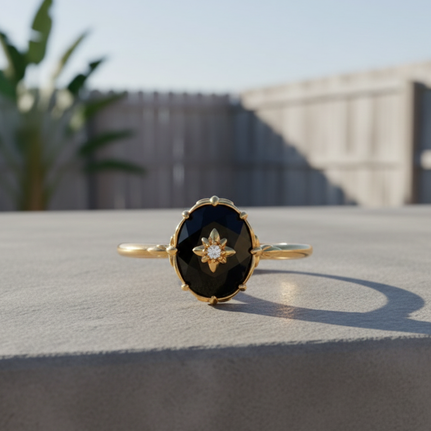 Bague Agate Noire “Charme Nocturne” – Plaqué or – Bague ajustable