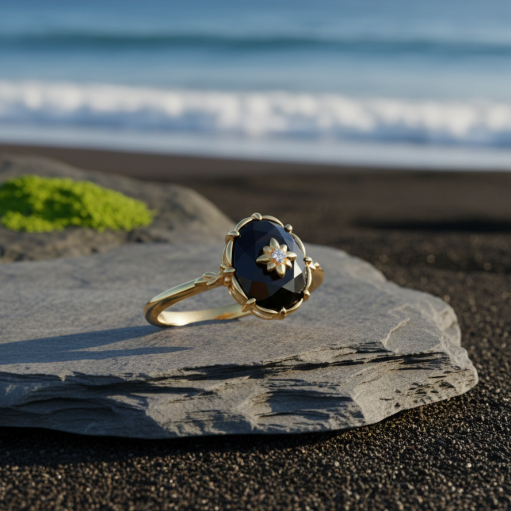 Bague Agate Noire “Charme Nocturne” – Plaqué or – Bague ajustable