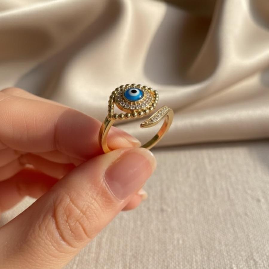 Bague Œil Bleu Porte-Bonheur Ajustable en Métal Finition Argent