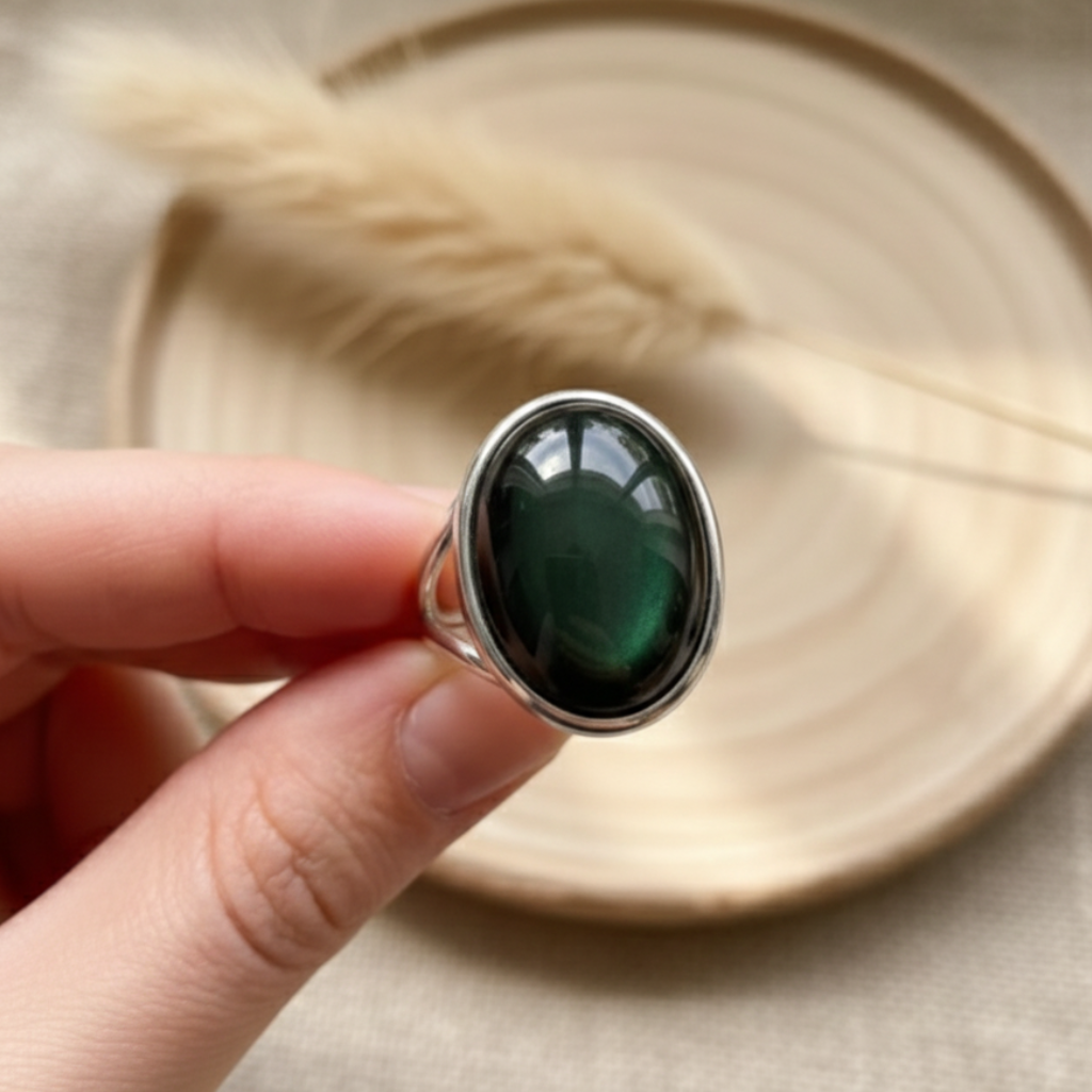 Bague Obsidienne Œil Céleste “Guide Intérieur” – Argent – Bague ajustable