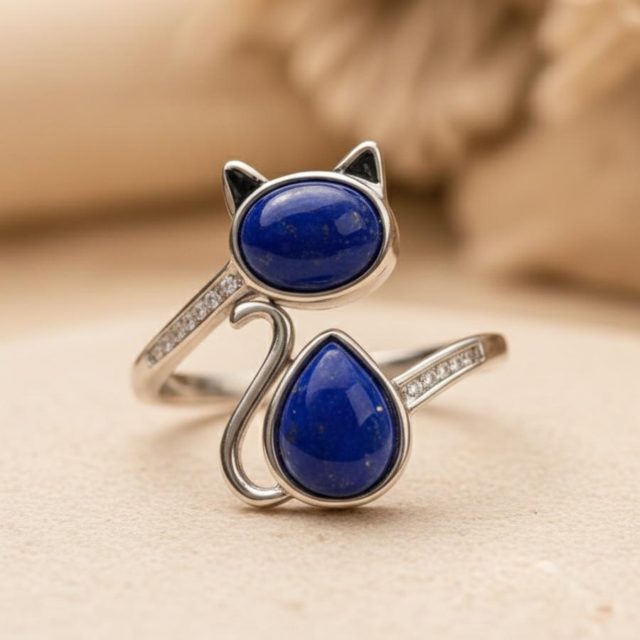 Bague Chat Totem en Lapis Lazuli & Argent 925 Ajustable