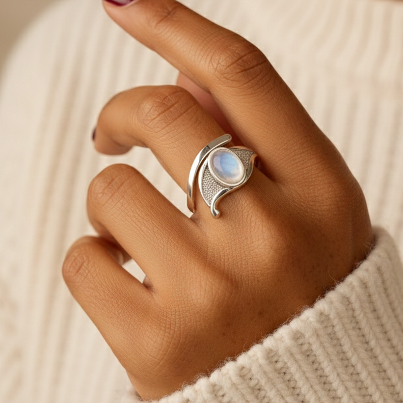 Bague en Labradorite Blanche (Péristérite) – Élégance Minérale & Éclat Naturel