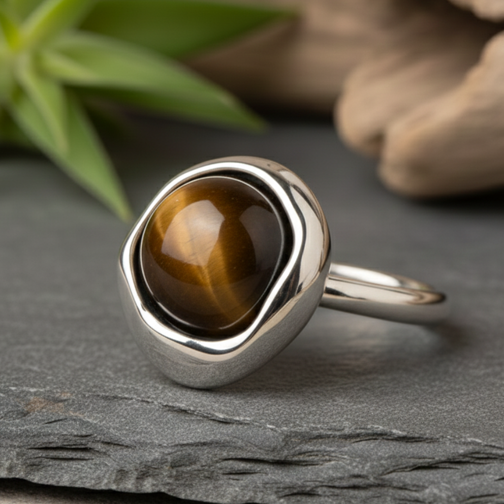 Bague “Shakti” en Œil de Tigre – Force Symbolique & Élégance Intemporelle