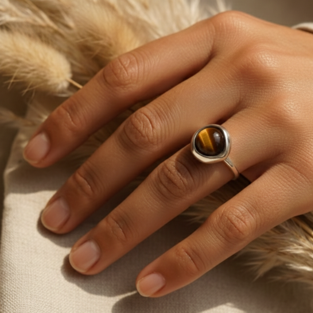 Bague “Shakti” en Œil de Tigre – Force Symbolique & Élégance Intemporelle
