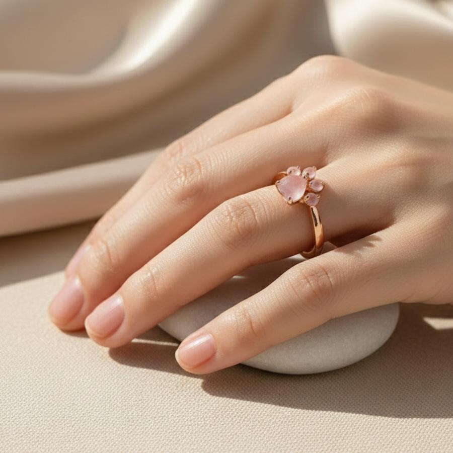 Bague Mon Cœur à Pattes en Quartz Rose Naturel – Ajustable