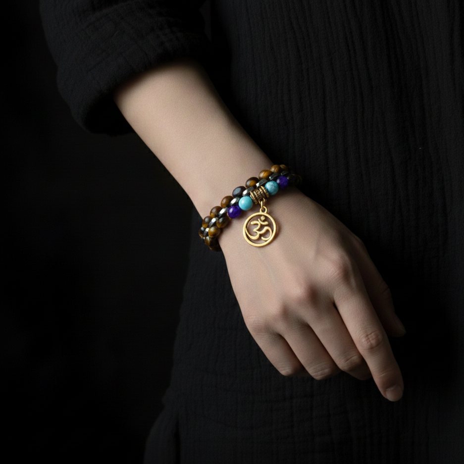Bracelet Chakra Homme Œil de Tigre avec Symbole Bouddhiste Aum Doré
