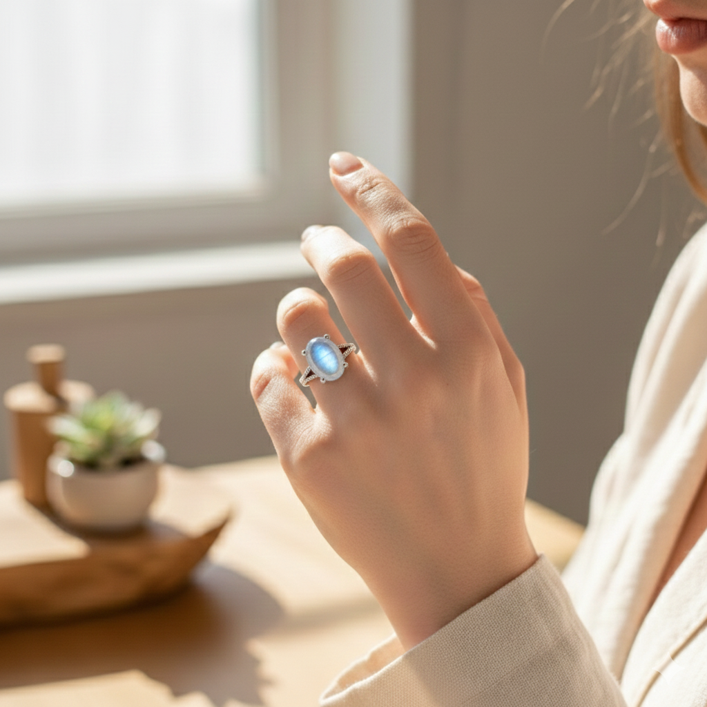 Bague “Clarté de l’Âme” en Pierre de Lune – Intuition & Sérénité Intérieure