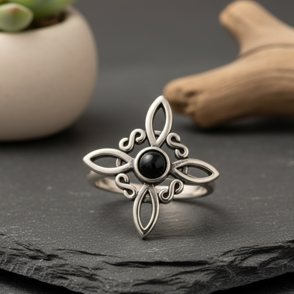 Bague “Énergie Mystique” en Obsidienne Noire & Nœud de Sorcière – Protection Symbolique & Élégance Envoûtante