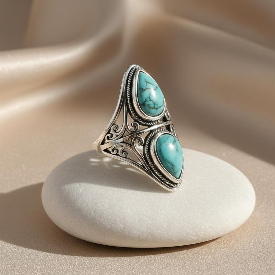 Bague Écho Protecteur en Turquoise Naturelle & Métal Finition Argent
