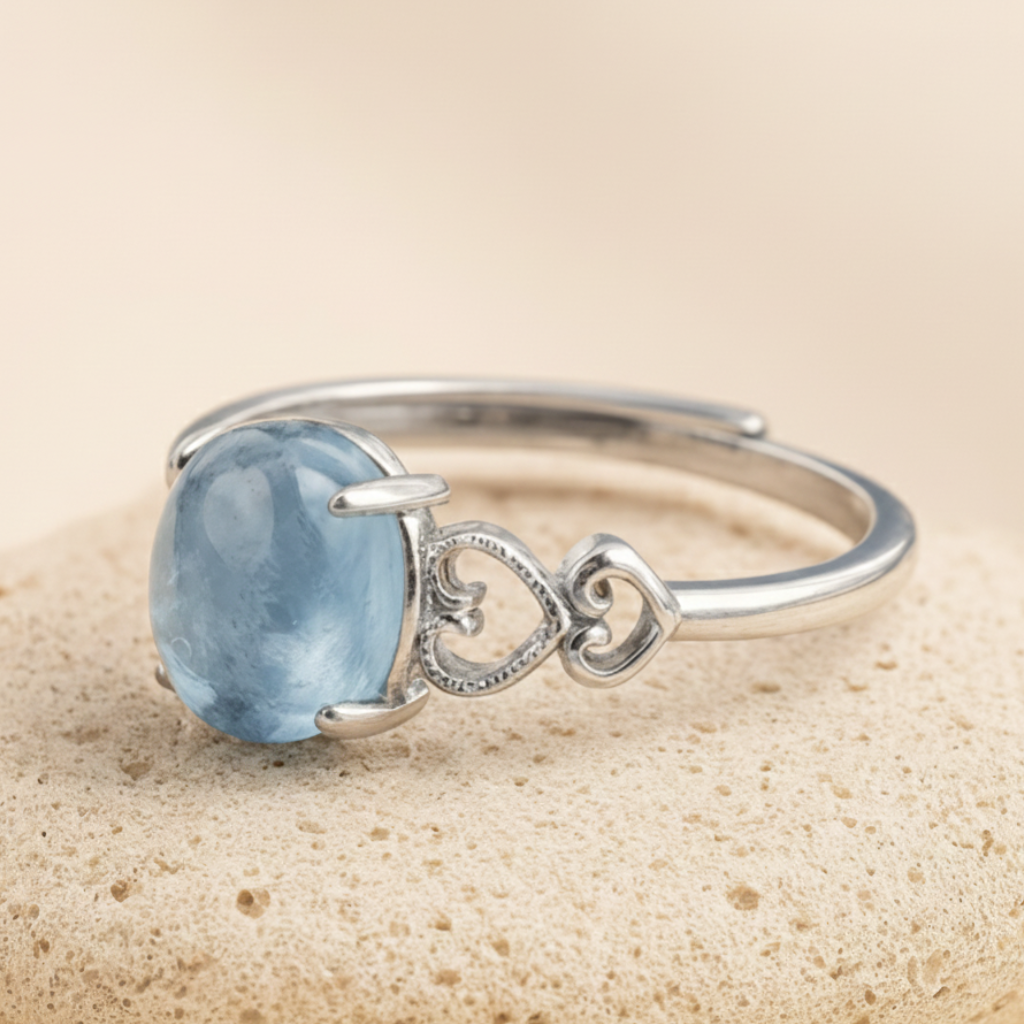 Bague Aigue-Marine “Cristal de Mer” – Pierre naturelle & argent – Bague ajustable