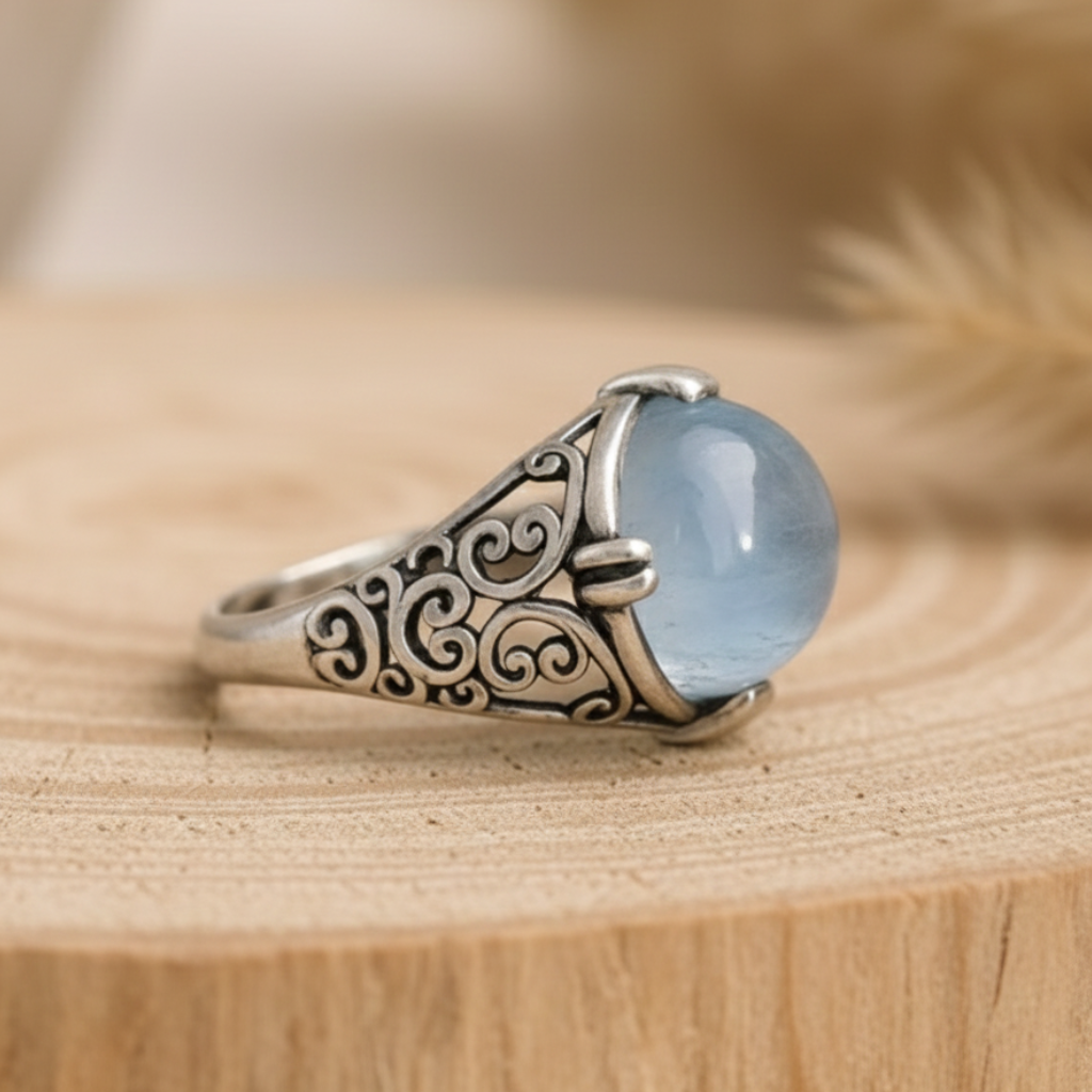 Bague Aigue-Marine “Voix de l’Âme” – Argent – Bague ajustable