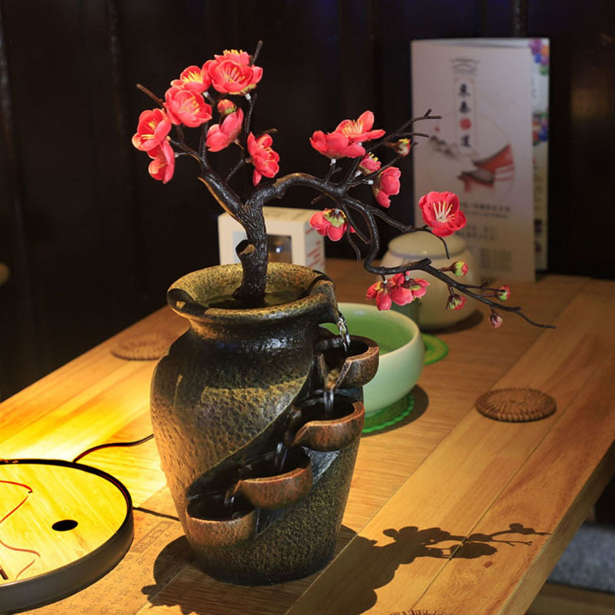 Fontaine Japonaise Sakura d’Intérieur avec Cerisier en Fleurs, Style Zen & Feng Shui