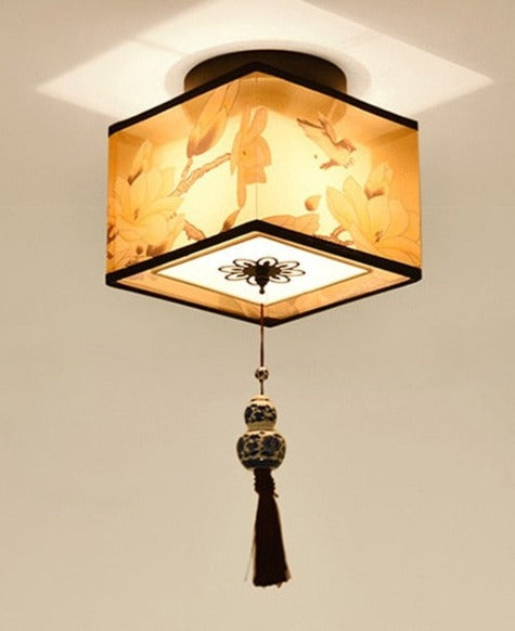 Lampe Japonaise Ancienne en Métal, Bois & Tissu – Motifs Traditionnels et Lumière Zen