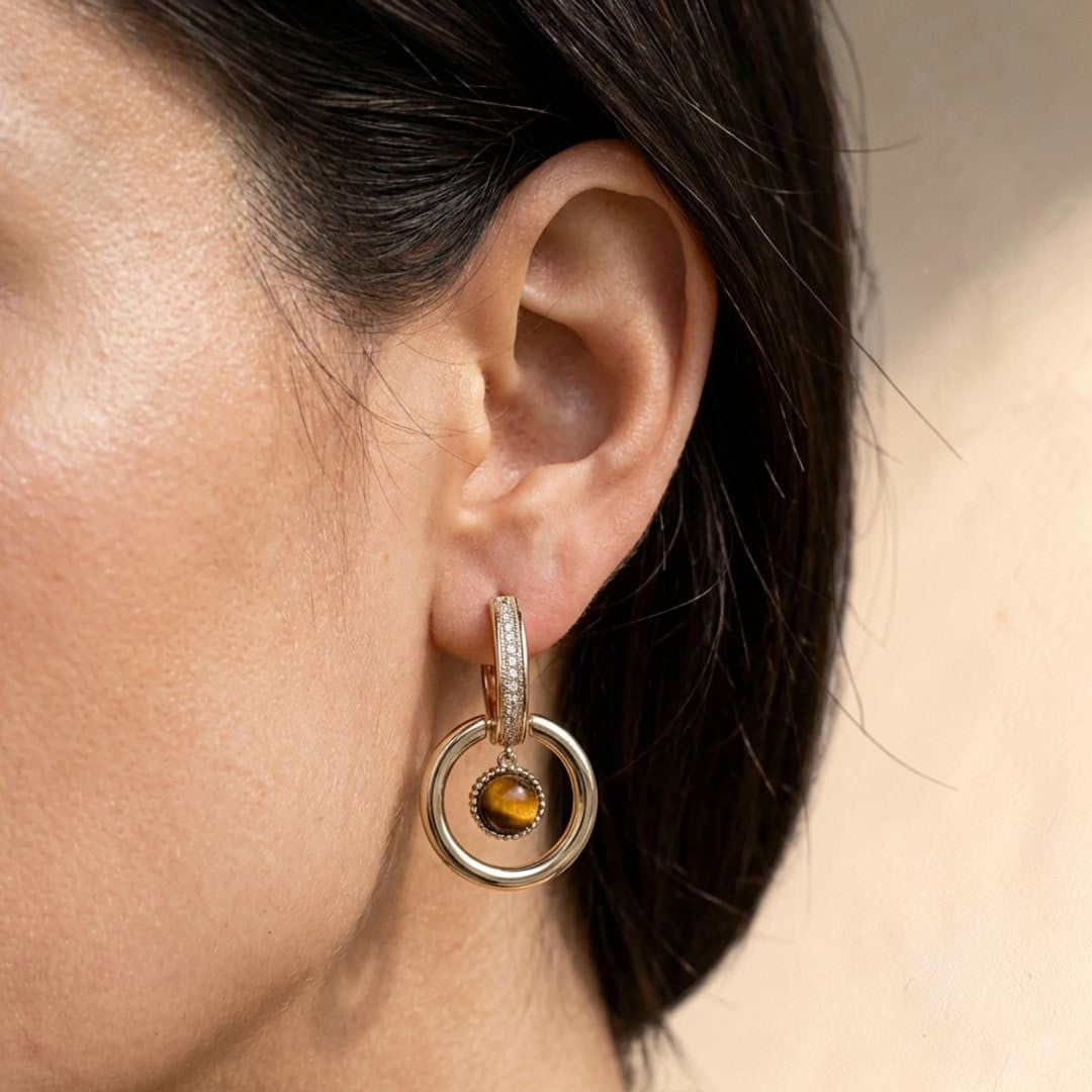 Boucles d’Oreilles Éclat Félin en Œil de Tigre & Plaqué Or