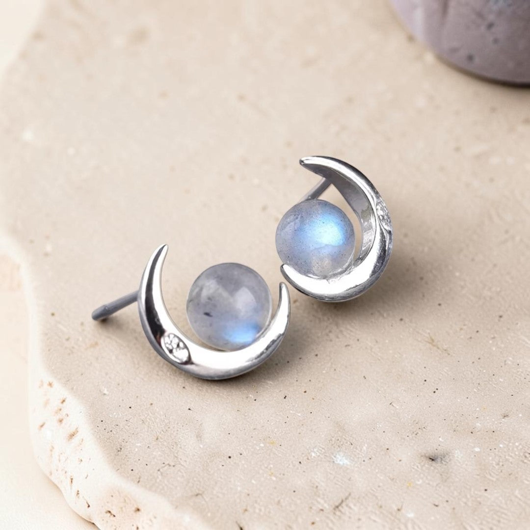Boucles d'Oreilles Lunes Mystiques en Labradorite & Argent