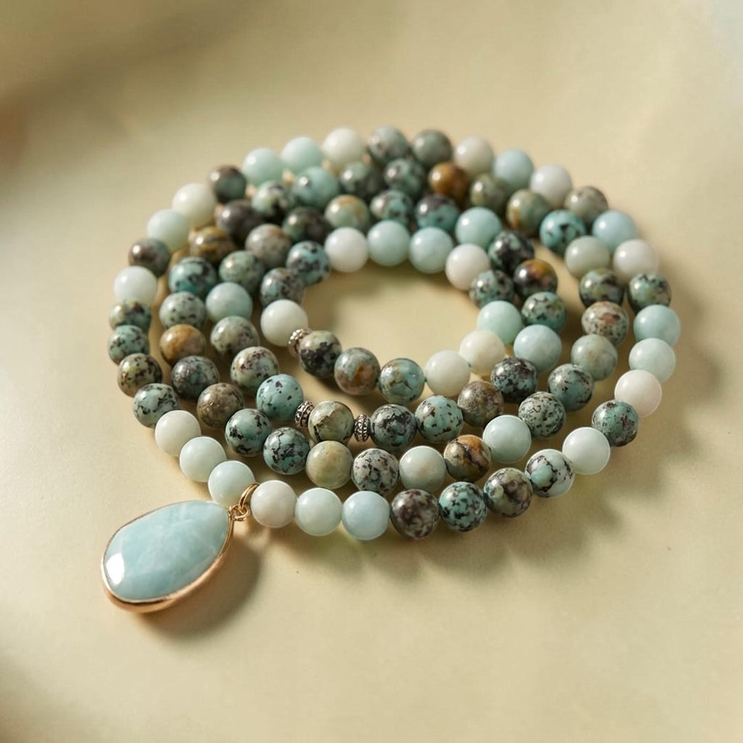 Collier Mala Lâcher Prise en Amazonite & Turquoise Africaine