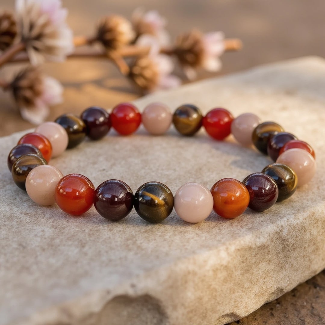 Bracelet Chance & Joie en Oeil de Tigre, Pierre de Soleil, Cornaline & Grenat