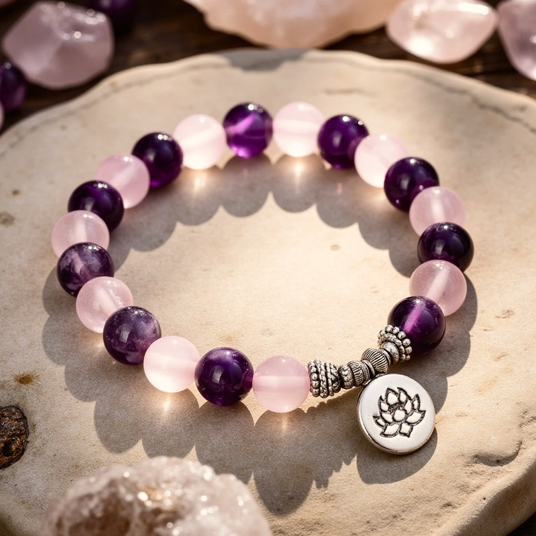 Bracelet Amour & Spiritualité en Améthyste & Quartz Rose