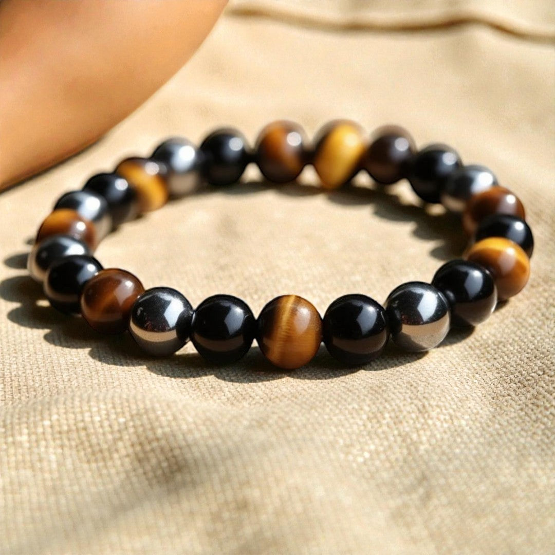 Bracelet 3 Protections en Oeil de Tigre, Hématite & Obsidienne Noire