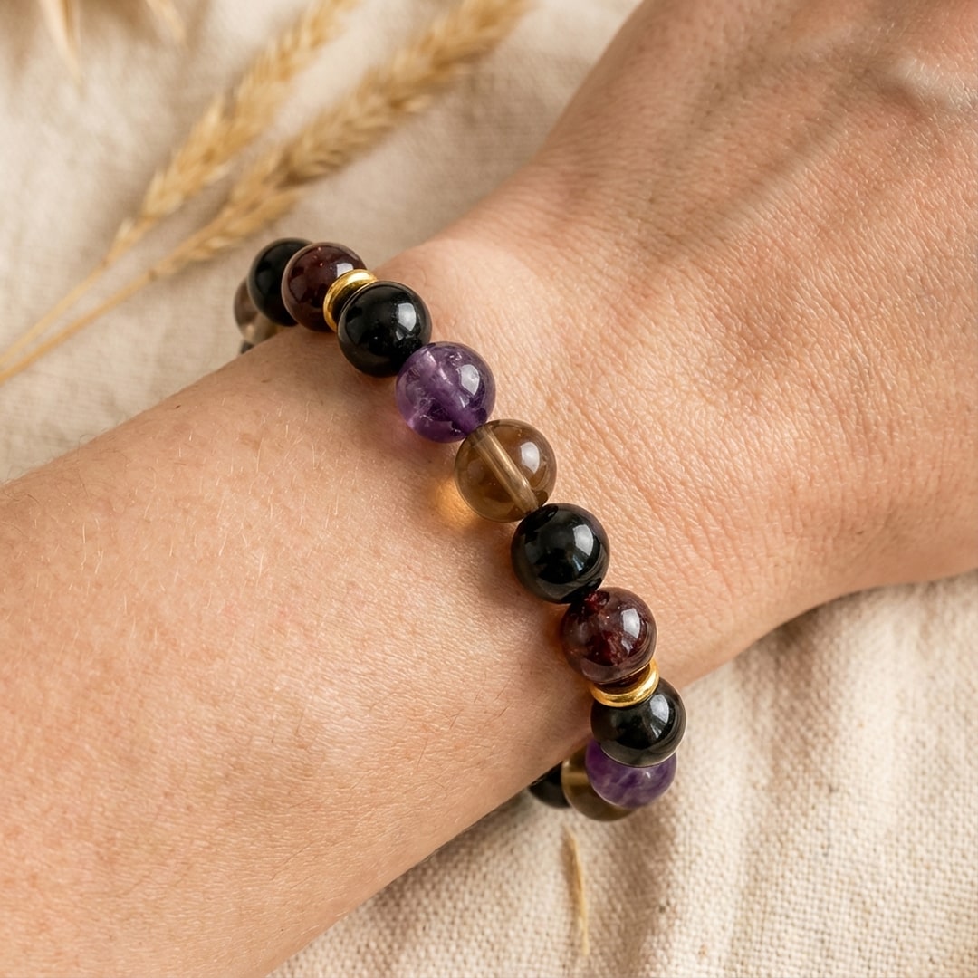 Bracelet Harmonie & Protection en Shungite, Quartz Fumé, Améthyste & Grenat