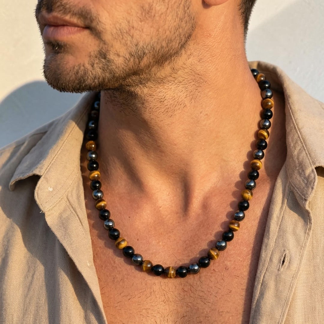 Collier 3 Protections en Hématite, Obsidienne & Oeil de Tigre