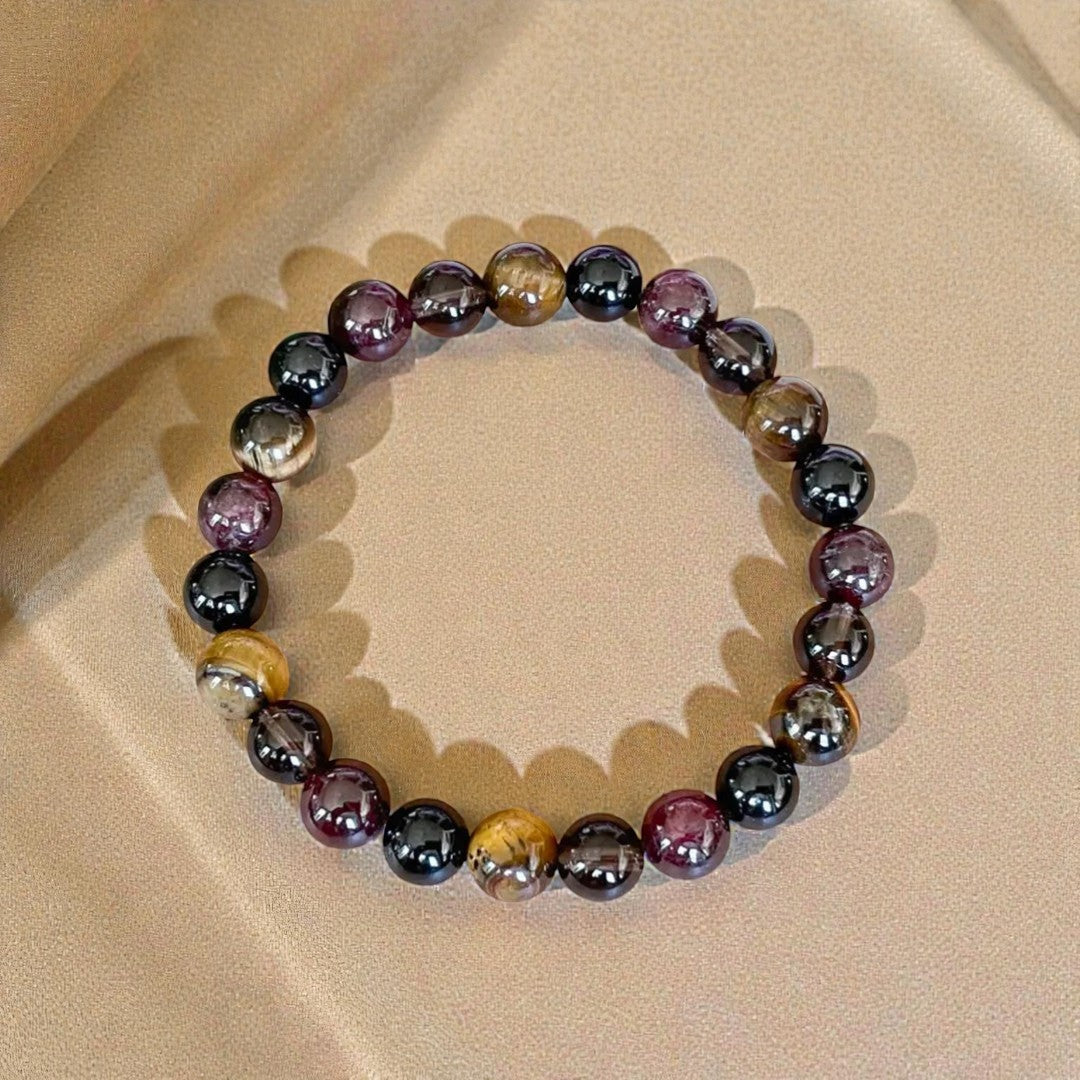 Bracelet Réussite & Protection en Oeil de Tigre, Grenat, Tourmaline & Quartz Fumé