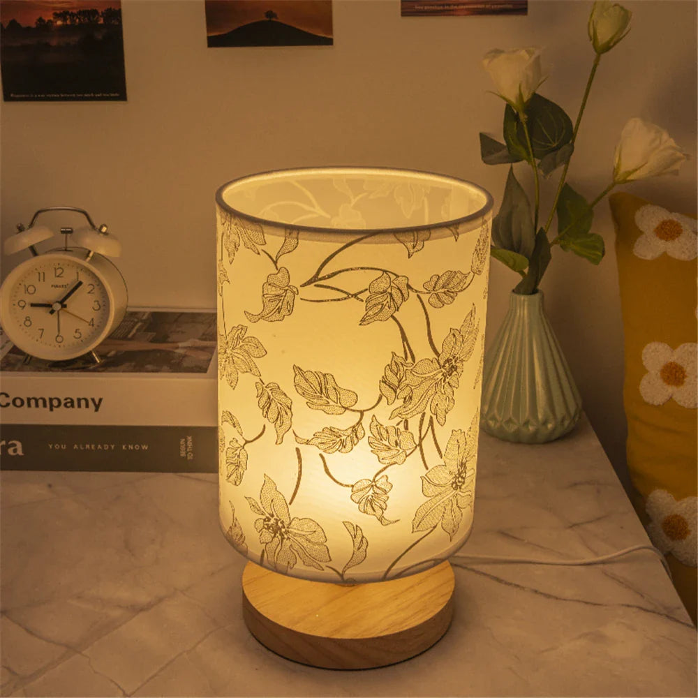 Lampe de Chevet Florale en Bois & Tissu, Lumière LED Douce et Apaisante