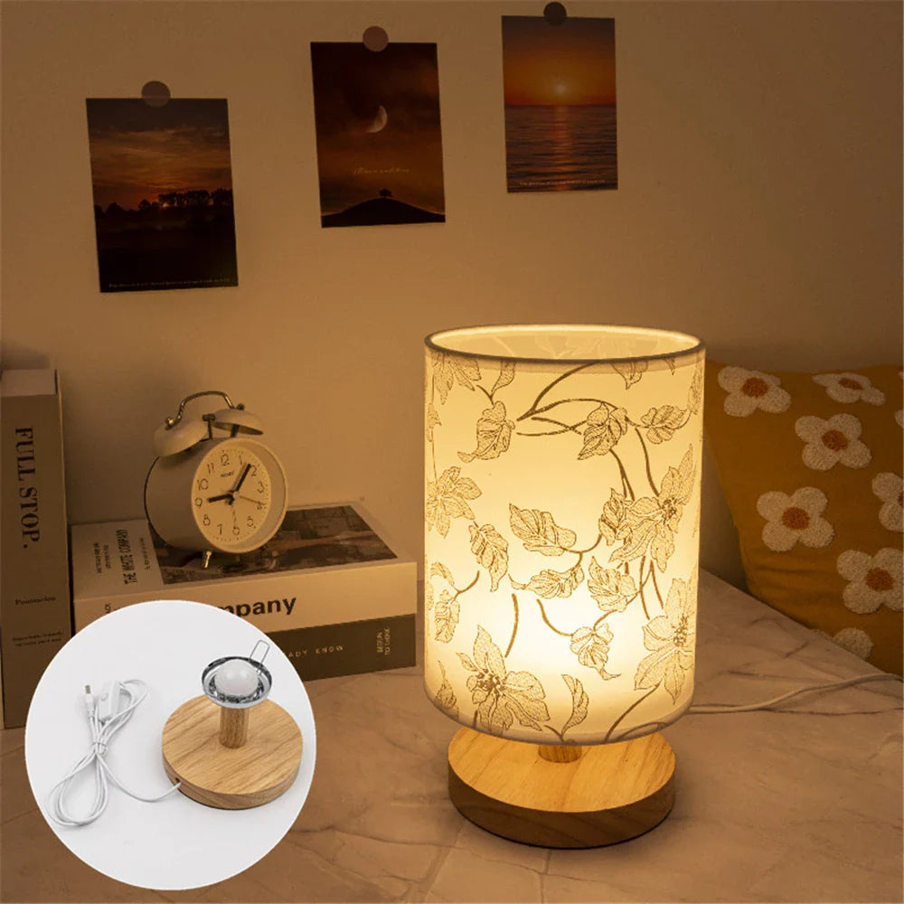 Lampe de Chevet Florale en Bois & Tissu, Lumière LED Douce et Apaisante
