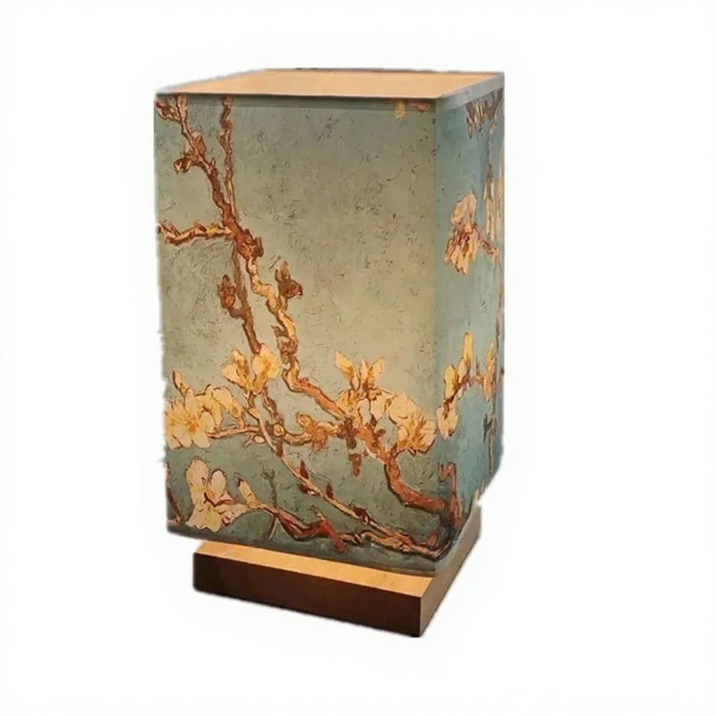 Lampe de Table Japonaise Bleue Fleurie en Bois & Métal, Lumière Zen Raffinée