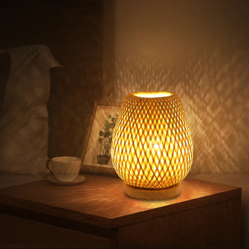 Lampe de Table Japonaise Zen en Bambou Naturel, Lumière Douce et Chaleureuse